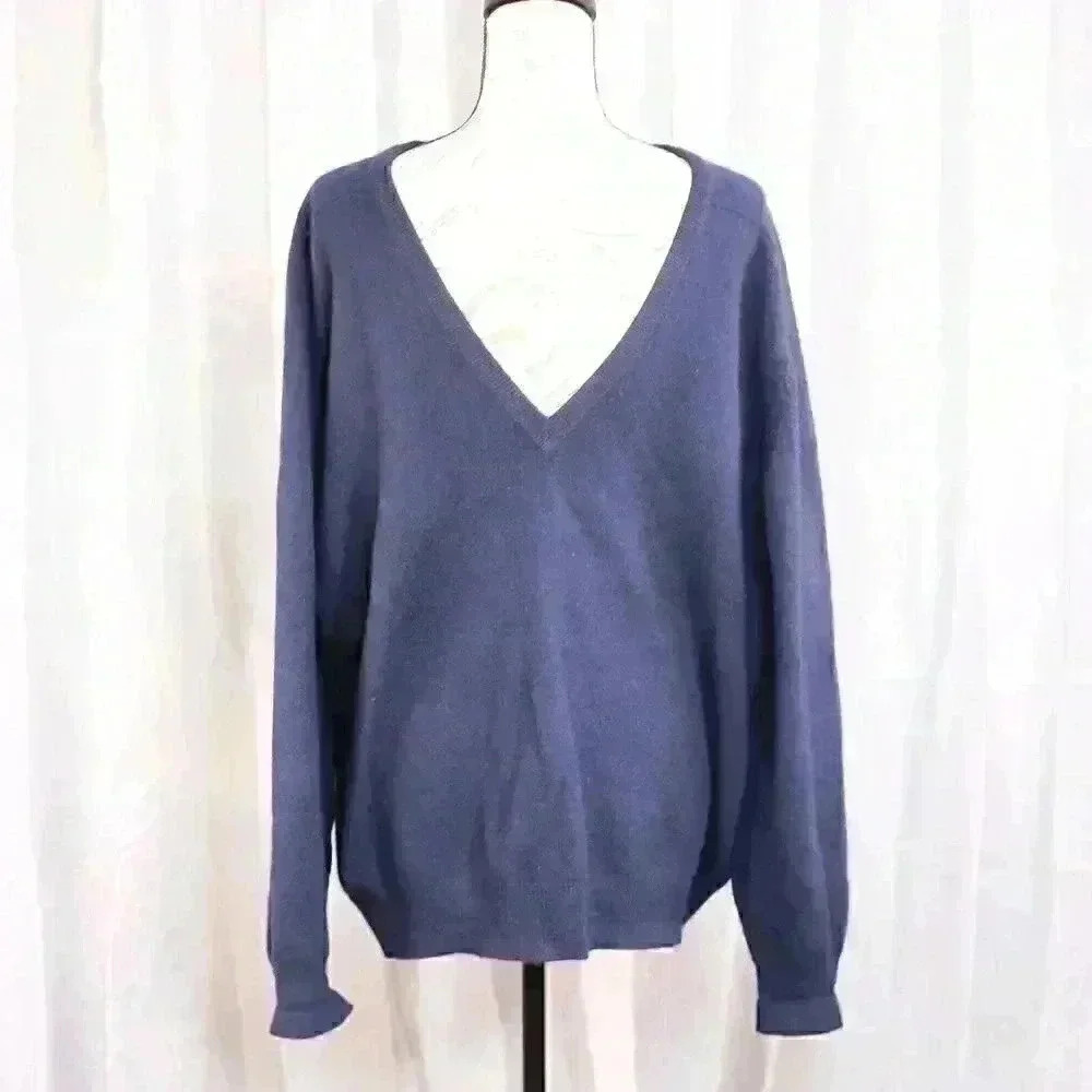 Lands' End V-Neck 100% Cashmere Sweater Navy Blue Luxury Knit Men's Large 42-44